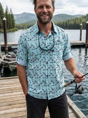 Flomotion Performance Gear Fishing Print Shirt Bamboo Blend Outdoorsy Gorpcore